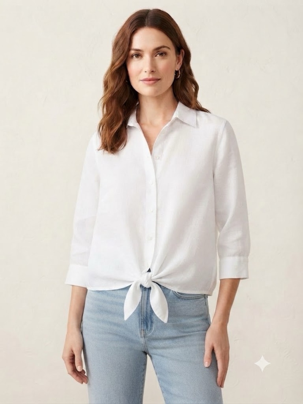 Chicos size 0 White Linen No-Iron Tie-Front Button Shirt